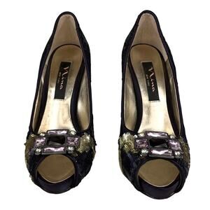 NINA Purple Sequin LUELA Satin Center‎ Gem Peep Toe Stiletto Heel Pumps Glam 5.5